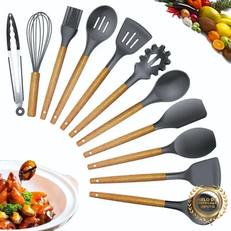 Jogo de Cozinha Kit C/12 Peças de Silicone Cabo de Madeira